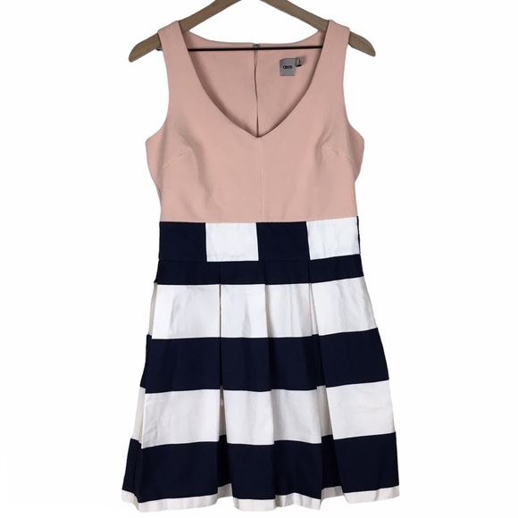ASOS Dresses & Skirts - ASOS Skater Dress Stripe Fit Flare Skirt Colorblock Wedding Guest Attire Size 8
